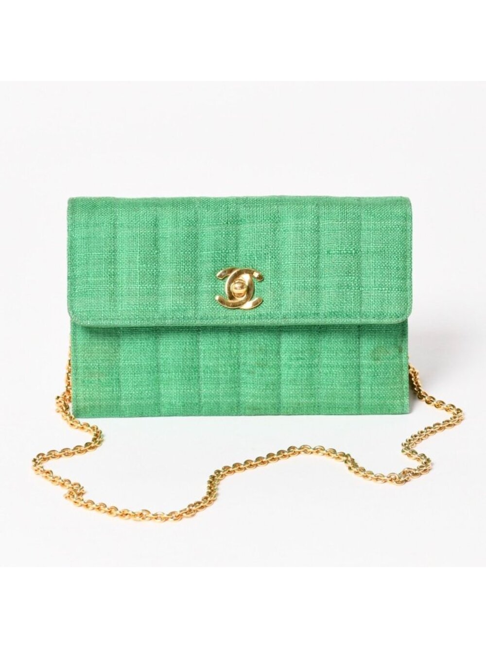 Chanel Quilted Linen S Flap Mini Bag Green Gold